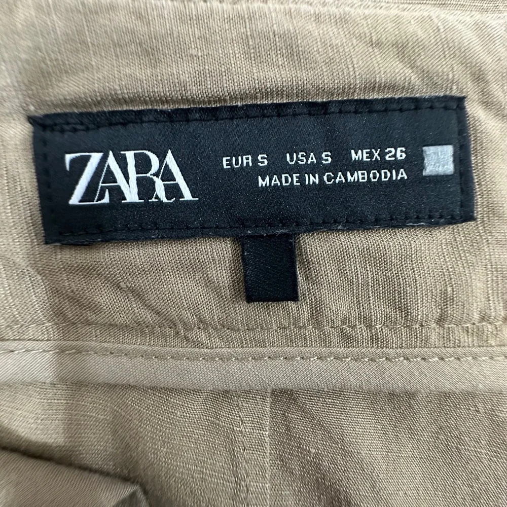 Zara Womens Small‎ Olive Brown Linen Blend High Rise Wide Leg Relaxed Pants